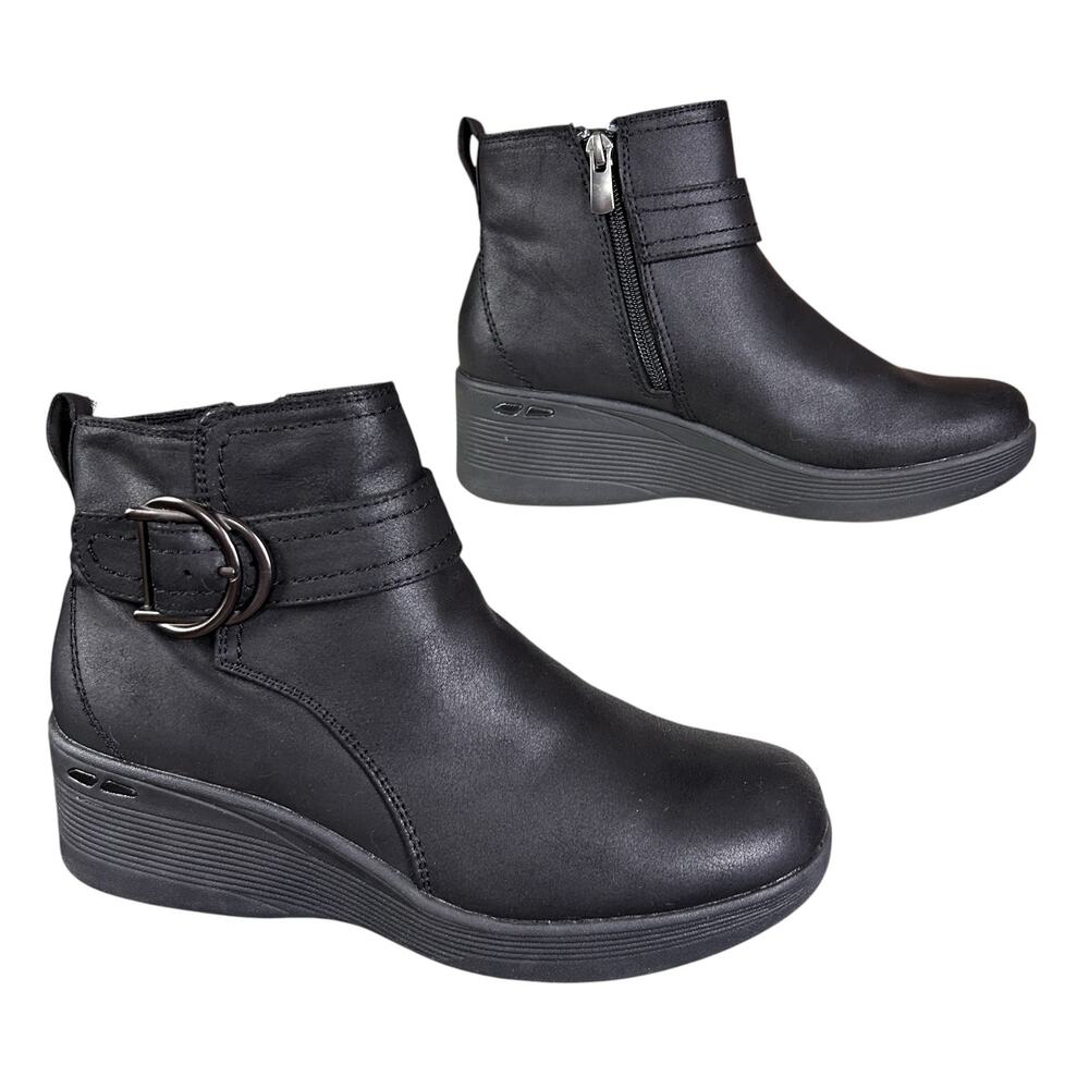 Skechers Pier Lite Ankle Boots Women 6.5 Black Memory Foam Comfort Wedge Bootie